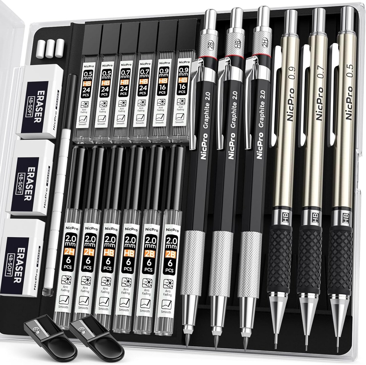 6-Piece Art & Mechanical Pencil Set – 0.5/0.7/0.9mm & 2mm Graphite Drafting Pencils with Refills, Erasers, Sharpener, and Case – Perfect for Writing, Sketching, and Drawing (Silver)